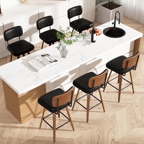 Image of Swivel Bar Stools Set of 6, 26 inch Upholstered Faux Leather Counter Height Barstools with Walnut Back & Bentwood Legs, Mid Century Modern Bar Chairs Island Stools for Kitchen Counter, Black