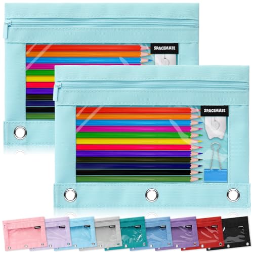 Image of SPACEMATE 2 Pack Pencil Pouch for 3 Ring Binder, Clear 3-Hole Zipper Case