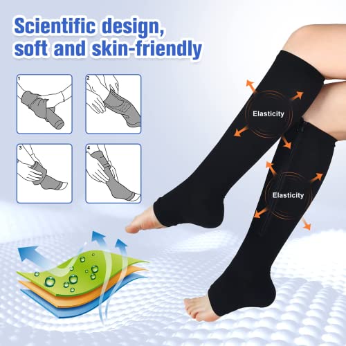 Image of bropite Zipper Compression Socks Women & Men - 2Pairs Calf Knee High 15-20mmHg Open Toe Compression Stocking suit for Walking