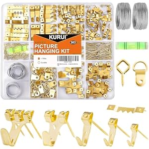KURUI Kit de 303 piezas para colgar cuadros, juego surtido con ganchos resistentes para colgar imágenes, clavos de hardware, dientes de sierra, alambre, anillos D, nivel, ganchos de pared de metal