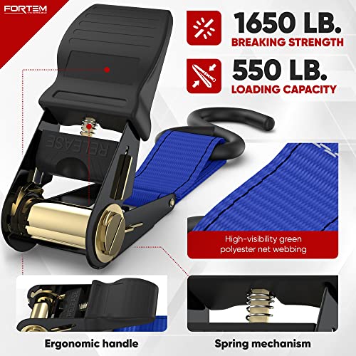 Fortem Ratchet Straps, 1650Lb Break Strength, 4 15Ft Tie Down Strap Set, 4 Soft Loops, Motorcycle Straps Tie Downs, Cargo Straps For Trucks, Rubber Handles, Coated Metal Hooks, Carry Bag (Blue) #TOP1