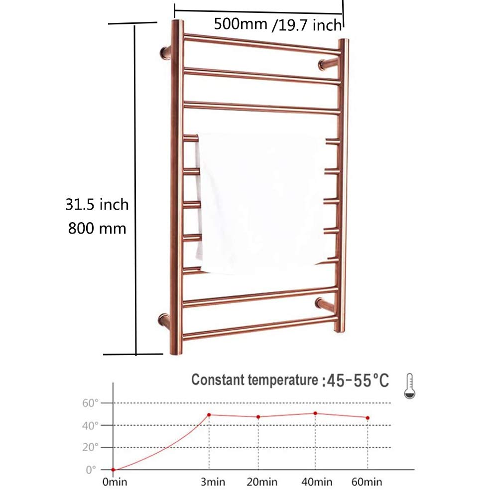 Calentador de Toallas Pared, Oro Rosa Toallero Eléctrico Baño 304 Acero Inoxidable Bajo Consumo 88W Toallero Calentado, Radiador Calientatoallas de Toallero para Baño, 80×50cm,Hardwired