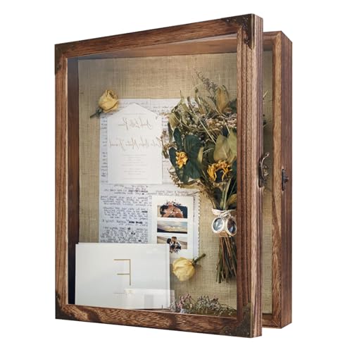 JINGJIAN Shadow Box Frame 11x14 with Retro Metal Accents and Lock, Solid Wood Acrylic Door Display Case with Linen Back, 10 Stick Pins, and 2.7-Inch Depth for Photos, Medals, and Memorabilia (Medium)