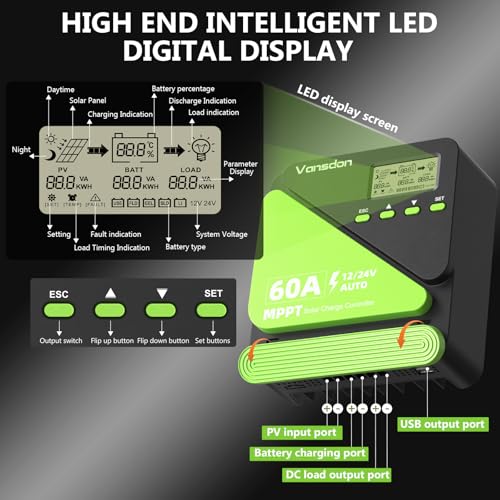 Image of Vansdon 60A Solar Charge Controller 12V /24V MPPT Solar Charge Controller, Adjustable LCD with Timer, Dual USB Ports, for RV, Boat, Cabin, Off-Grid Systems, Compatible with FLD /LiFePO4 /SLD /GEL /AGM