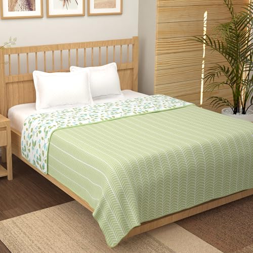 Image of Story@Home Dohar Double Bed Cotton 100% | 150GSM 225 x240 cm Quilt AC Blanket for Summer | AC Comforter Double Bed | Olive Green & White Abstract Reversible Design Duvet | All-Season Blanket