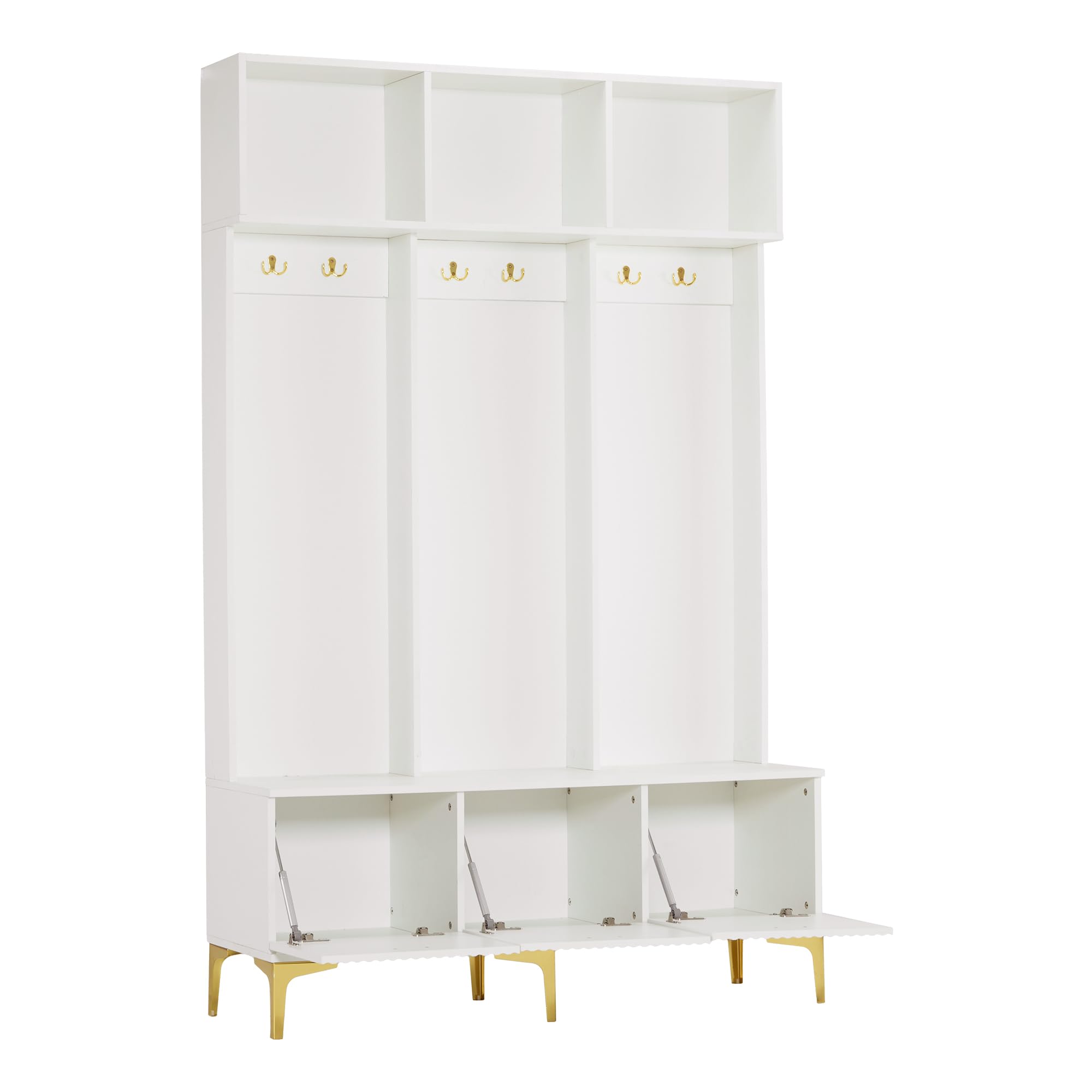 SUKY Set appendiabiti con panchina, bianco, 120 x 23,5 x 191,5 cm, multifunzionale, portaoggetti aperto, 6 ganci e piedi dorati, adatto per corridoio, soggiorno