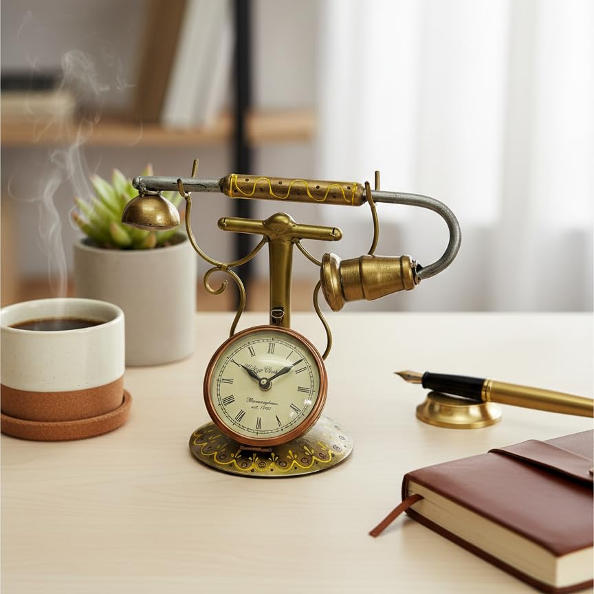 The Furniture Option Handcrafted Vintage Metal Table Clock Antique Decorative Showpiece for Home, Office, Living, Guest Room Table/Desk Decor and Unique Gift Item (Telephone Table Clock)-image-4