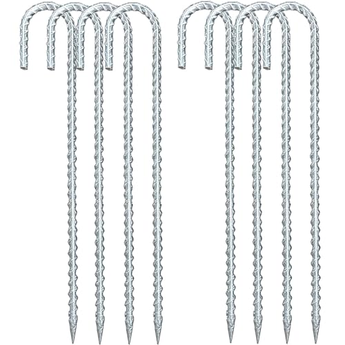 8PCS 40CM Galvanised Steel Rebar Ground Stakes,Heavy Duty Metal J-Shaped Tent Hooks,Rust Proof Anchor Extra Long Pegs for Tents Trampoline Football Net Marquee Swing Camping Garden and Fences