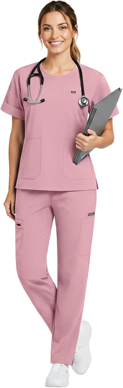 Women's Medical Scrub Set,Modern Round Neck Top, 4-Way Stretch Straight Leg Cargo Nursing Uniform with 8 Pockets