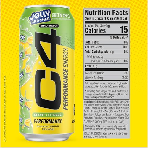 Image of C4 Performance Energy Drink, Jolly Rancher Variety Pack, Zero Sugar Carbonated Preworkout Energy, 200mg Caffeine with Beta Alanine, 16 Fl Oz (12 Pack)