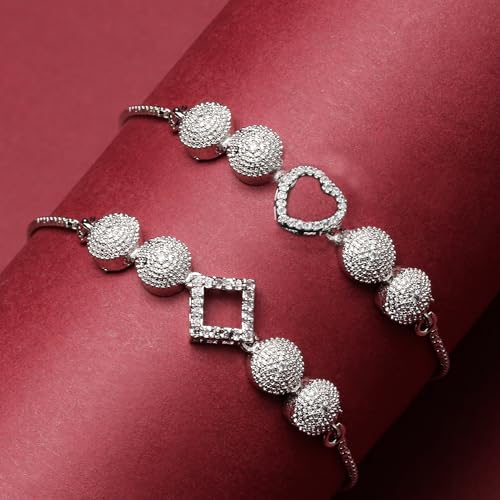 Image of ZENEME Set of 2 Rhodium-Plated Silver Toned American Diamond Bracelet Combo for Women & Girls Adjustable Designer CZ Tennis Bracelets