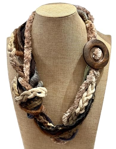 Handmade Infinity Yarn Multi Strand Cowl Rope Scarf with Button accent, Browns,Tans, Rust -LRW DESIGNS