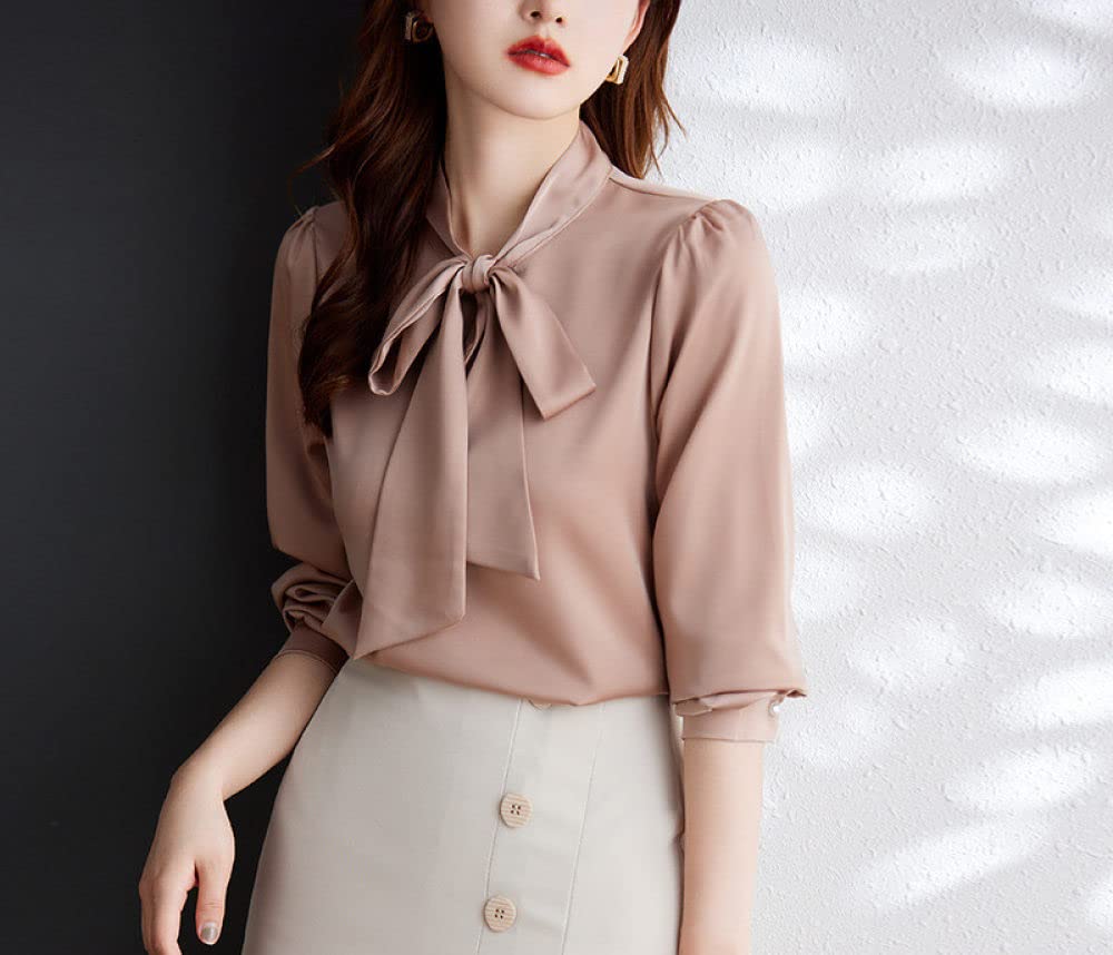 MIDJ Damen-Hemd Mit Knopfleiste,Elegantes Damen Fliege Halsoberteil Shirt Rosa Satin Tunika Shirt Langarm Chiffon Bluse Shirt Casual Büro Business Bluse Für Mädchen Damen