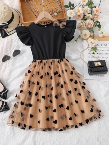 Image of Girls Black & Beige Heart Print Party Dress | Flutter Sleeve Top with Tulle Skirt | Kids Elegant Birthday & Festive Frock(DW-203)