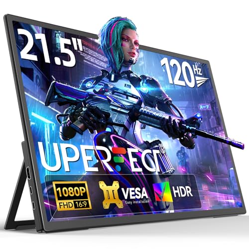 UPERFECT Portable Monitor 21.5 Zoll 120Hz Tragbarer Monitor 1300:1 1920 * 1080 Full HD IPS Bildschirm Integrierter Halterung HDMI USB C für PC Laptop Spielkonsole, Metallgehäuse, VESA-Kompatibel