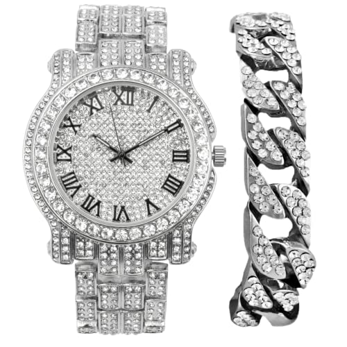 Image of Charles Raymond Bling-ed Out Ultimate Hip Hop Royalty Mens Watch w/Easy Reader Roman Numeral or Iced Out Diamond Time Indicators - Bright Colored Dials - L0504, L0504-Silver-Blk #R-Cuban, Hip Hop