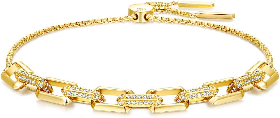ARSIS 18K Gold Plated Paperclip Bracelet for Women, Geometric Adjustable Slider Bracelets, CZ Rectangle Link Chain Bracelet Jewelry Gift