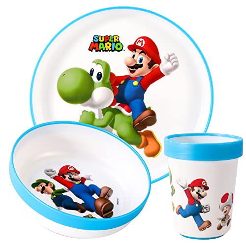 Super Mario - Set da tavola per bambini, 3 pezzi, riutilizzabile, bicolore, con piatto, ciotola e bicchiere, senza BPA