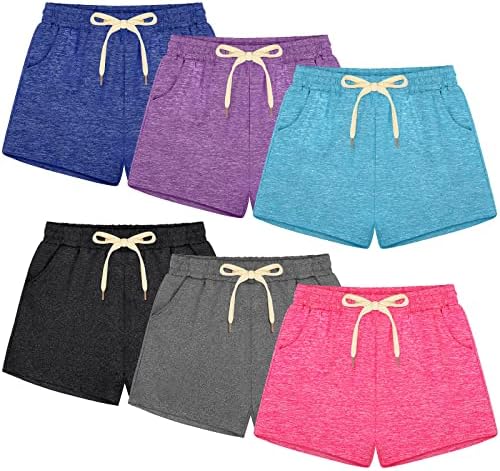 Poroka 6 Pack Girls Dry-fit Running Shorts Active Performance Short Summer Sports Shorts with Drawstring Pocket for Kids