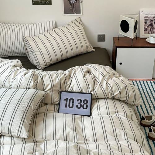 Image of Striped Duvet Cover Full Size Beige Grey Green Stripes Bedding Set 3pcs Vertical Ticking Stripes Pattern Soft Lightweight Microfiber Comforter Cover Set with Zipper Closure and 2 Pillowcases