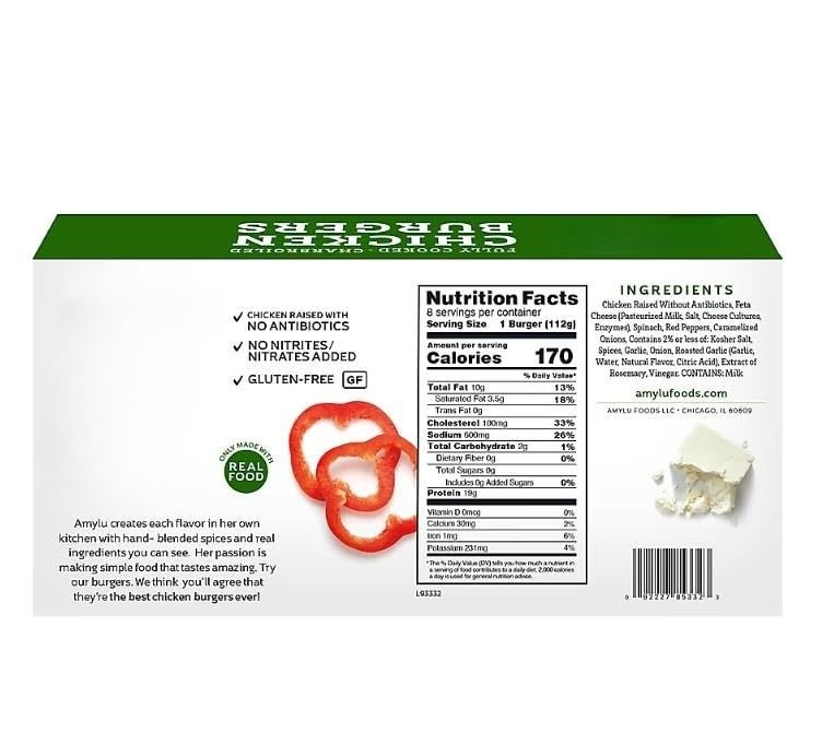 Spinach and Feta Chicken Burger. It is crafted with premium ingredients, making it the perfect solution for a healthy and delicious meal. These burgers always include all the right ingredients and are only made with real food that are always all natural, antibiotic and gluten free. They are pre-cooked, and offer a quick and convenient protein source the whole family will love. [ 32 oz , 2 lb ]