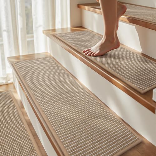 4PC Jute Stair Treads for Wooden Steps-Stairs Carpet Non Slip-Peel and Stick Stair Treads Indoor, Adhesive Staircase Step Treads Residue Free, Durable Natural Stair Runner Rug,8"x30" Beige 8
