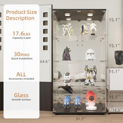 Image of Beauty4U Black Glass Display Cabinet with LED&Mirror, 4-Shelf Curio Cabinet