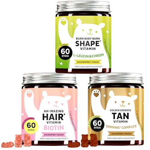 Trio – Für Haare, Bräune und Figur – Dreifach-Schönheitswirkung - Biotin für Haare, Kupfer für Hautpigmentierung, Chrom für Stoffwechsel - 3x60 Stück - Vegan & Zuckerfrei - Bears with Benefits