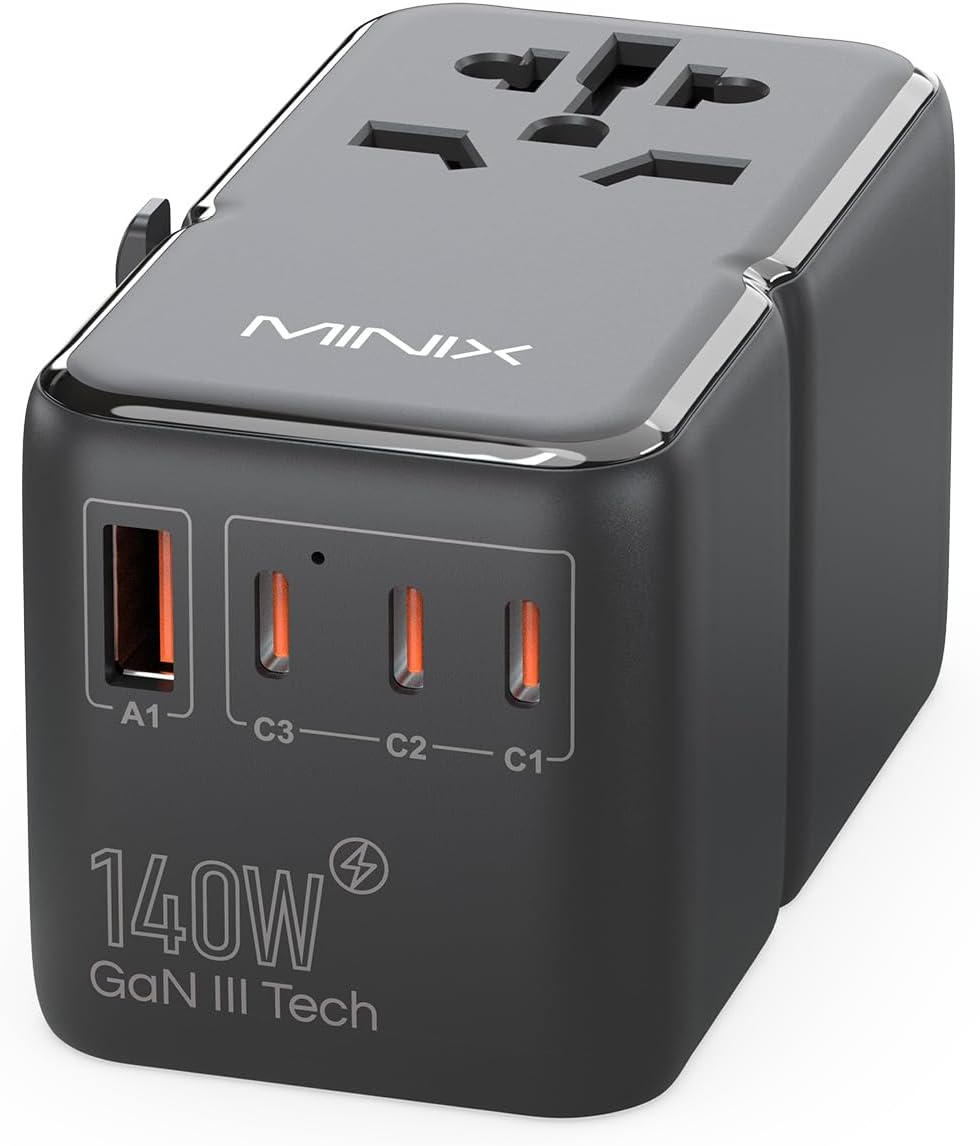 MINIX 100W Reiseadapter GaN III - 3x USB-C 1x USB-A Global Ladegerät Für Laptop