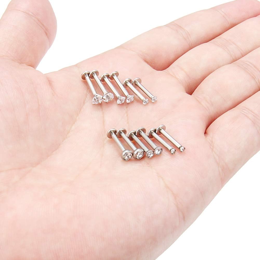 SCERRING 6 Pairs 14G Stainless Steel Clear CZ Internally Threaded Labret Monroe Lip Tragus Cartilage Helix Earring Ring Body Piercing Jewelry 6-10mm