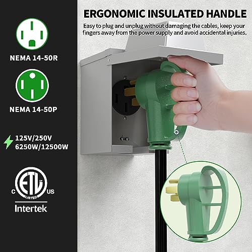Image of NEMA 14-50P to 14-50R 25 FT 50 Amp RV /EV Extension Cord Outdoor | 25 Foot 4 Prong Heavy Duty RV Power Cord Waterproof with Cable Organizer, STW 50A 125 /250V 6250 /12500W, Green, ETL Listed