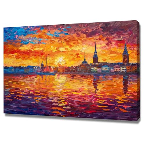 Tableau decoration murale salon coucher de soleil port toile intissée encadrée 40x60cm