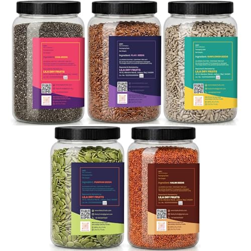 Image of LILA DRY FRUITS Super Seeds Combo Pack Chia Pumpkin Sunflower Flax Halim Seed 100 g x 5 | Raw Mixed Seeds for Daily Nutrition & Healthy Snacking Perfect for Gifting