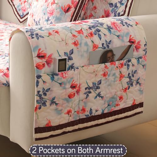 Image of HOKIPO 'Florentina Series' Premium Holland Velvet Sofa Arm Cover with Foam Filling & Anti Slip Backing | 2 Pcs | Scarlet Rose Ivory (IN-876-V4*2S)