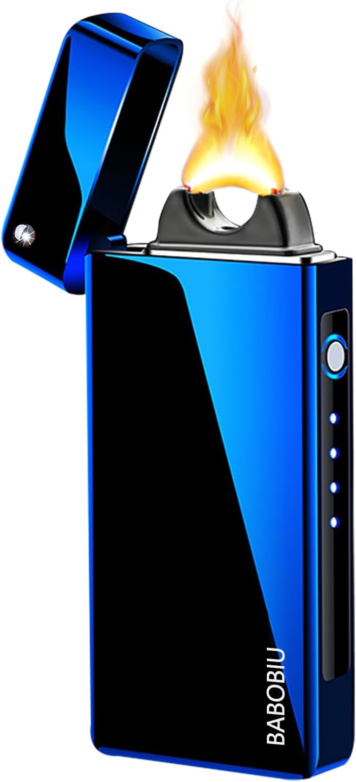 BABOBIU Electronic Lighter Rechargeable USB Plasma Lighter Outdoor Windproof Arc Large Flame Lighter with Battery Indicator Projectable Fashion Lighter Gift Box (Blue)