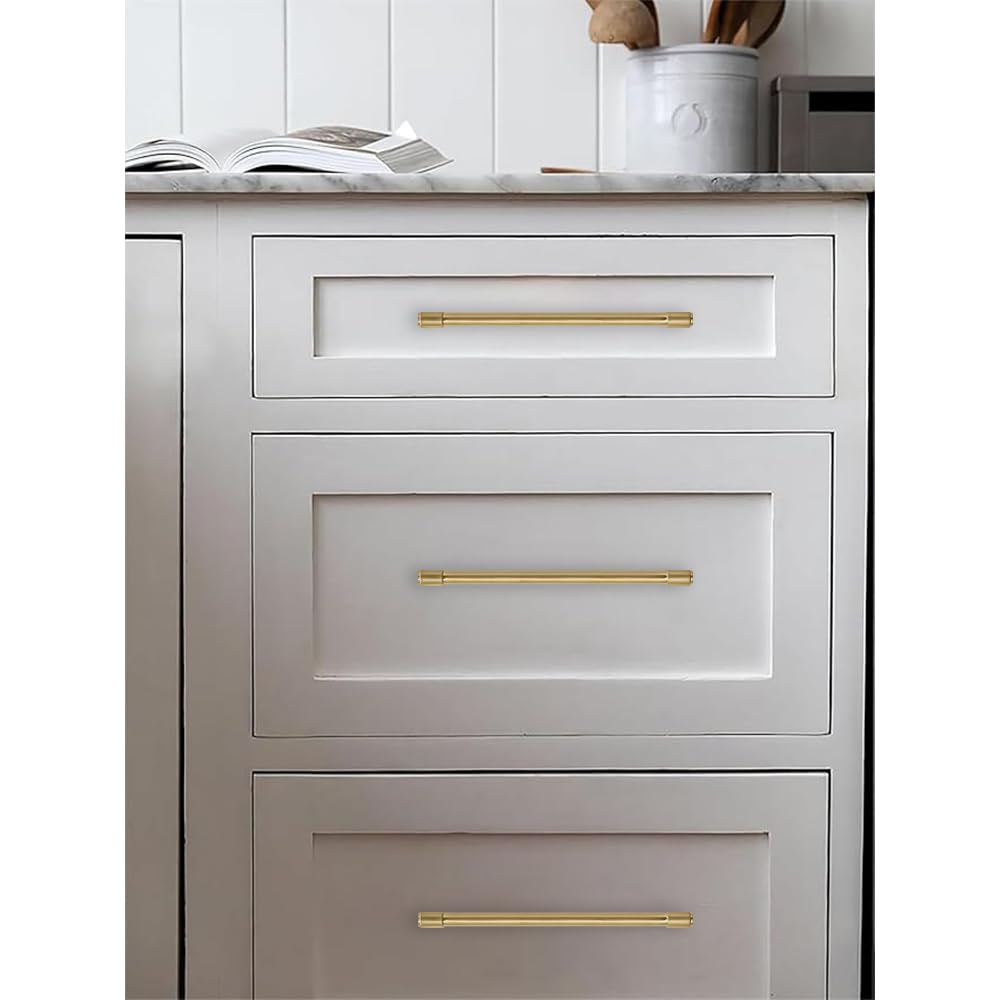 Jasper - Paquete de 10 tiradores dorados para gabinete, centro de agujero de 10 pulgadas, tiradores modernos para cajones de cocina, cajones de baño, tiradores de latón cepillado para puerta de