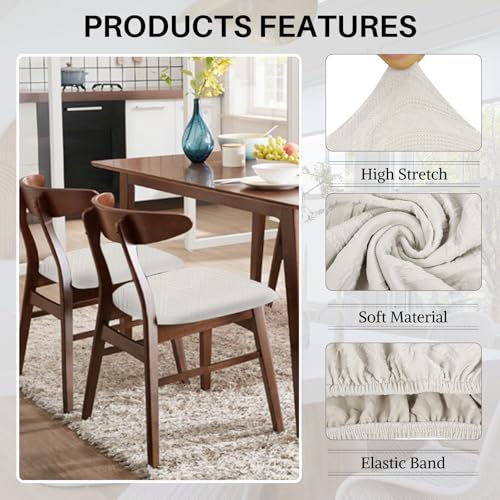 Image of SearchI Water Repellent Seat Covers for Dining Chairs, 4 Pack Jacquard Stretch Dining Room Chair Seat Covers, Kitchen Chair Seat Covers Protectors(Beige Diamond)