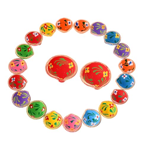 Image of Colourful Handmade Diyas for Diwali (101 Pcs) Hand Painted Decorative Clay Mitti Diya Deepak Lanterns for Diwali Decoration