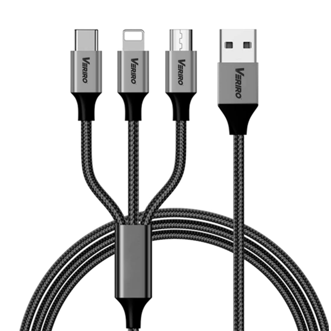 Veriro 3 in 1 Charging Cable | Fast Charging | Braided | Multipurpose Cable with 2.1 A Speed for Micro USB, iPhone & Type C devices | 1.2 Mtrs Long (4 ft) (B0CB5XJNF4) Amazon Price History, Amazon Price Tracker