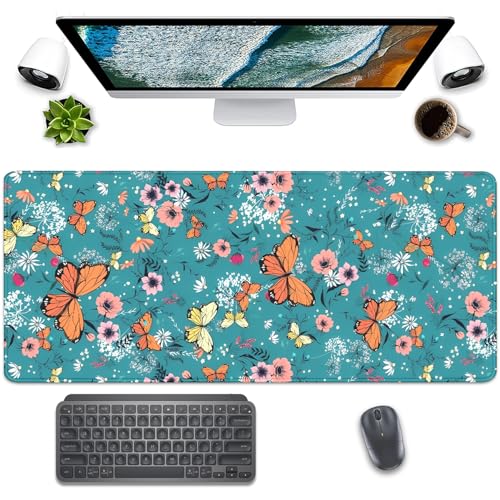 Image of Colorful Butterflies and Flowers Extended Desk Pad Mouse Pad,Stitched Edges Non-Slip Rubber Base XL Mouse Mat Desk Mat for Office Home Work Blue Mousepad(27.5X11.8 Inch)
