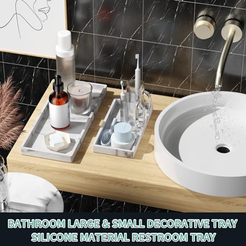 Image of BBK Bathroom Vanity Tray - 2 Pack (7.8 inch and 11.8 inch) Silicone Bathroom Trays for Counter, Perfume Key Trinket Ring Tray, Decor Soap Dispenser Countertop Tray for Kitchen Sink Organization (Marble Gray)