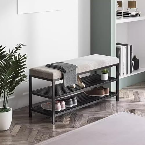 Banc à chaussures en velours gris avec rangement et structure métal noir