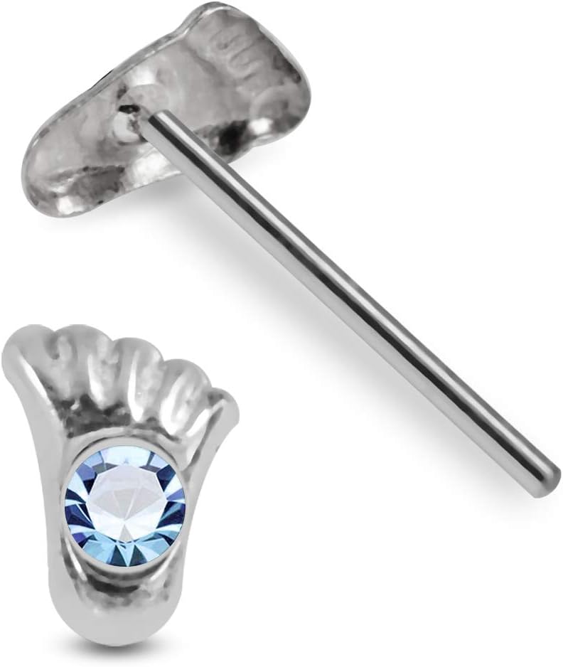 Crystal Stone Foot Design 22 Gauge 925 Sterling Silver Straight Nose Pin - Nose Stud - Tiny Nose Ring - Nose Piercing Body Jewelry