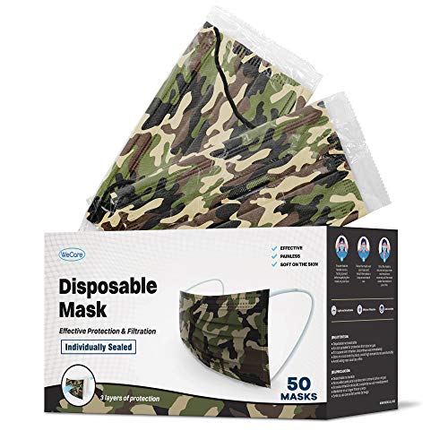 WECARE Disposable Face Mask Individually Wrapped - 50 Pack, Camo Masks 3 Ply