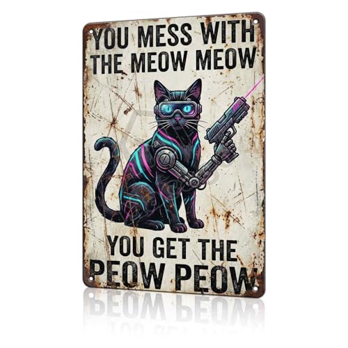macago Cat Metal Wall Art - Funny Gamer Room Wall Decor - You Get The Peow Peow Novelty Tin Sign 8x12