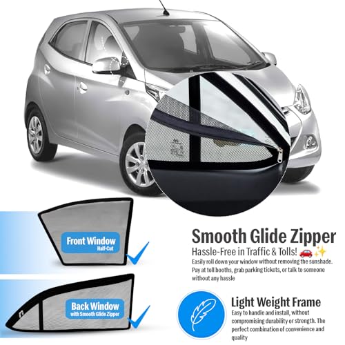 Image of Autofact Magnetic Car Sunshades Compatible with Hyundai Eon (2011 to 2024) (Set of 4) - Easy Installation, UV Protection (Front 2 Half-Cut for Side Mirror Visibility, Rear 2 with Zippers)
