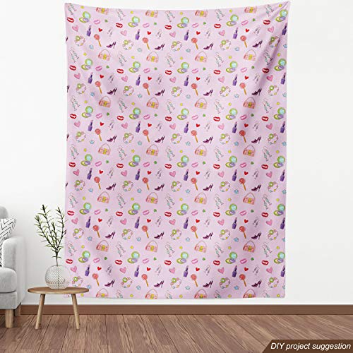 Ambesonne-Cartoon-Fabric-by-The-Yard-Girls-Illustration-with-Fashion-Accessories-and-Makeup-Lollipop-Flower-Print-Decorative-Fabric-for-Upholstery-and-Home-Accents-1-Yard-Pink-Purple