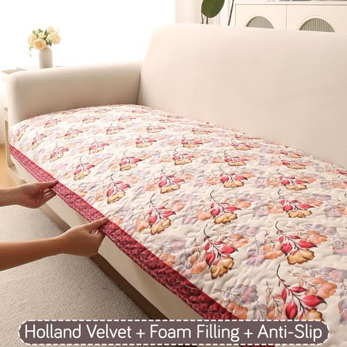 Image of HOKIPO 'Florentina Series' Foam Filled Premium Holland Velvet Sofa Cover Mat for 3 Seater Sofa with Anti-Slip Backing, Autumn Cream (IN-881-V3)