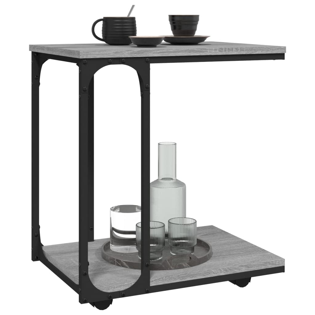 Mesa auxiliar con ruedas en forma de C, mesa de centro móvil con estante para salón y dormitorio, mesa de sofá estable de madera y acero, gris Sonoma, 50 x 35 x 55,5 cm