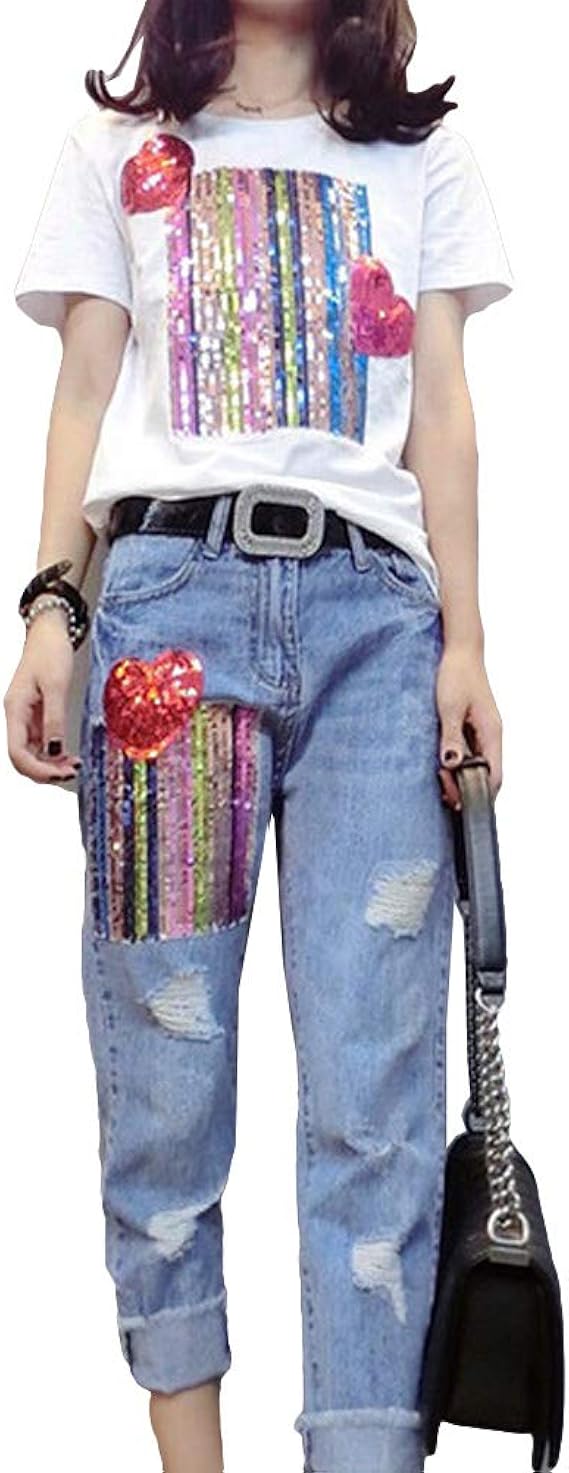 Amazon Zuomaレディース ハートスパンコールプリント 半袖tシャツ ジーンズ ツーピース 上下2点セット ダメージデニムパンツ おしゃれブラウスシャツ カジュアル オールインワン 通販